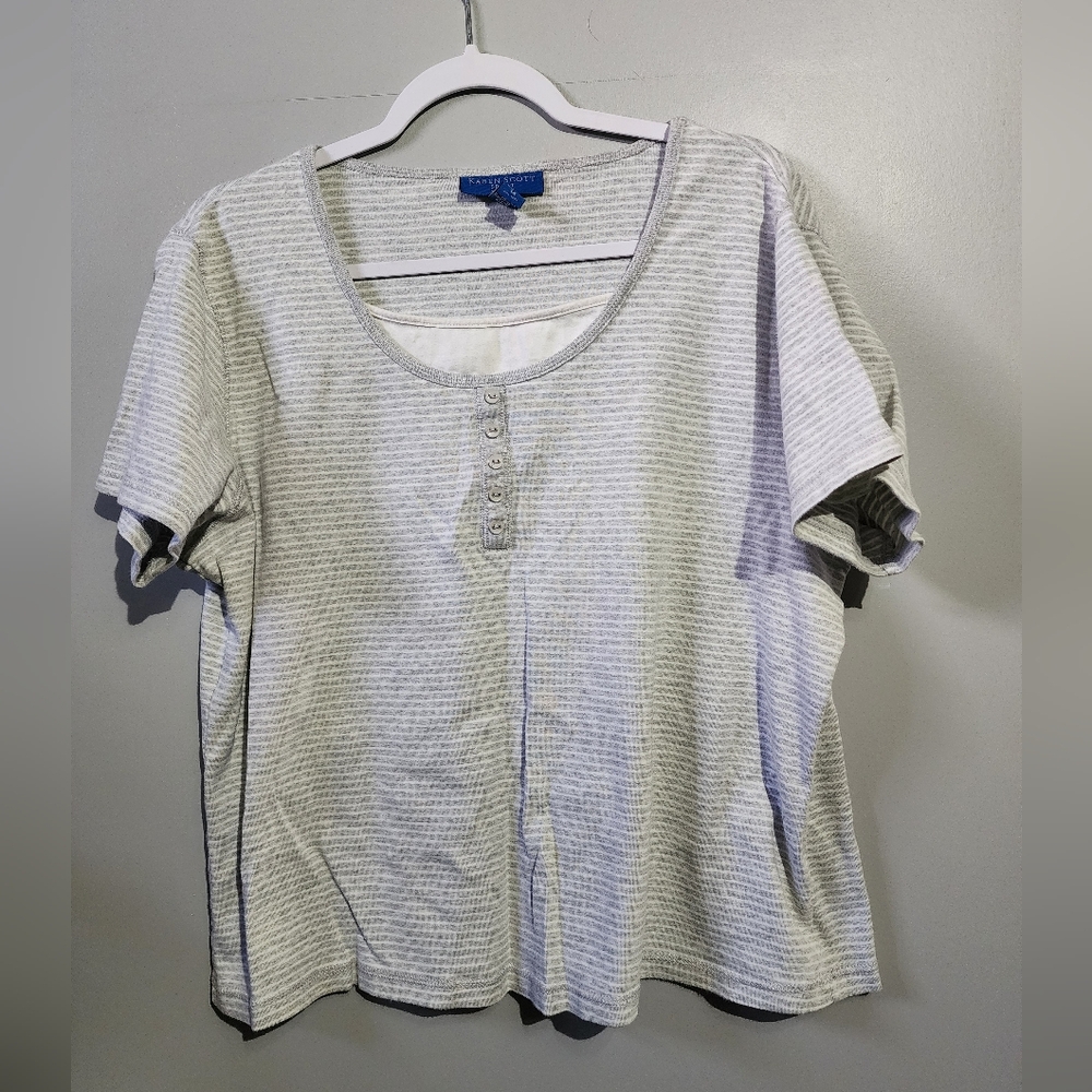 Karen Scott Striped Gray Faux Layered Tee, 1X EUC